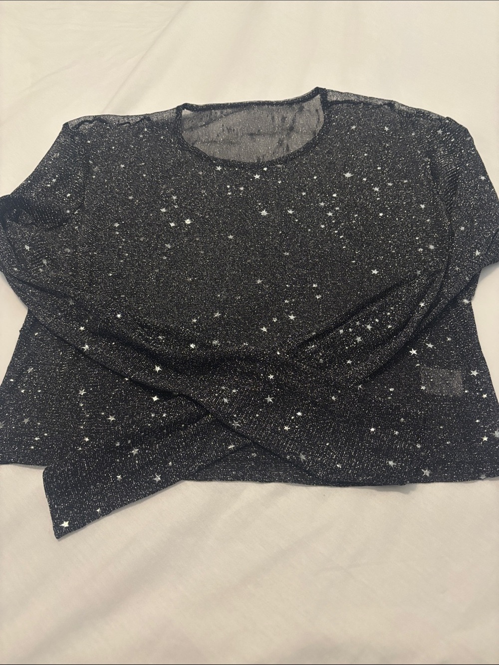 Mango Black Sheer Sequin Long-Sleeve Crop Top SZ XL night out top sparkly stars - Picture 7 of 8